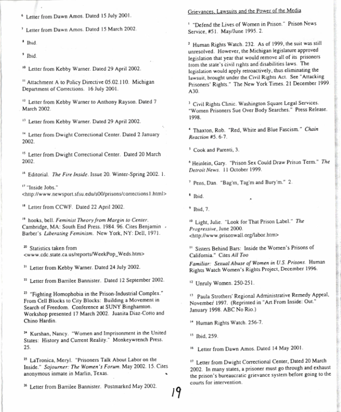 © Lt from Dawn Amos. Dated 15 July 2001 ? Letter from Dawn Amos. Dated 15 March 2002 g  * o   Leter from Kebby Wamer Dated 29 Apri 2002  " Atachment A o Policy Directive 05 02 110. Michigan Depanment of Conections. 16 July 2001  ¥ Letter from Kebby Warmer to Asthony Rayson. Daied 7 March 2002  " Letier from Kebiby Wamer. Dated 29 April 2002  * Letterfrom Duwight Conectional Center Dated 2 Januacy 2002  * Leter from Duight Conec 2002  nal Center. Daied 20 March  4 Eduoral. The Fire nside. Issue 20, Wnter-Speing 2002. 1  Tnsice Jobs.~ <hupliwww newsportsfss edus00prisons/corections | himl>  Letis from CCWE. Dated 22 Apil 2002  ¥ books,bell. Feminist Theoryfrom Marginto Cenier Cambrdge, MA: South End Press. 1984.96. Ces Benjamin - Barber’s Liberaring Feminism. New York, NY.: Dell, 1971  * Statstics taken from < cde state causeports/WeekPop_Weds him>  * Leter from Kebby Warmer. Dated 24 July 2002 " Letes from Bariee Banniser. Dated 12 September 2002   “Fighiing Homophobia i he PrisonIndustial Comple.” From Cell Blacks o Ciy Blocks: Buikdmg a Movement i Search of Freedom. Conference 3 SUNY Bingharion. ‘Workshop presened 17 Match 2002. Jusnita Diaz Cotto Chino Hardin   Kurshan, Nanicy. "Women and Imprisonment inthe Usited Stats: History and Current Reality.” Monkeywrench Pres 2  B LaTronica, Meryl_“Prisoners Talk About Labor on the Inside.” Sojourner- The Women’s Forum. May 2002.15. Cites anonyrmous nmate in Marlin, Texas. .  * Leter from Barrilee Bannister. Postmarked May 2002  9  Gievances, Lawsuins and the Powe of he Media  " “Defend th Lives of Women in Prison * Prison News Service, #51. Mayllune 1995.2  + Human Rights Waich 232. As o 199, the suit ws still. unresolved. However, the Michigan legisiaure approved Tegislation that year that would remove all of s prsoners 1rom the stte’s ivil ghts and isabilites aws. The egisation would spply etroacavely, thus elimisatig the et bought nder the Civil Rights Act See “Attacking. Prsoners’ Rights” The New York Times. 21 December 1999 A%   Civil Rights Clinc. Washingion Square Legal Servics. “Women Prisoners Sue Over Body Searches* Press Relese. 1998,  * Thaxion, Rob, "Red, White and Blue Fascism.” Chain Reaction 45,61  + Cook and Parens. 3.  * Healein, Gary. “Prison Sex Could Draw Prison Term” The | Detroit News. 11 October 1999.  ? Pens,Dan. “Bagin, Tagmand Burym” 2 *  * o, 2  1 Light, Juie "Look for That Prison Label.* The Progressive, June 2000  <l prisonwal org/lsboc him>  " Sisters Behind Bars: Insid the Womea’s Prsons of Calforna." Cies All Too  Faniliar: Sexual Abuse of Women in USS Prisons. Human Rights Watch Women’s Rights Poject, Deceinber 1996  = Unrly Women. 250-251  " Paula Strothrs Regional Administrative Remedy Appeal Novermber 1997, (Reprnied n *An From Inside: Out.” January 1998 ABC NoRio)  1+ Human Rights Watch 2567   1id. 259  Lt from Dawn Amos. Datcd 14 May 2001  " Lette from Dwight Corectional Center, Dated 20 March 2002 In many stses, »prsoner must go through and exhaust  ihe prison’s bureaucriic grievance sysiem before going 0 the couns for inervention  